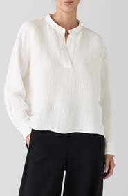 Eileen Fisher Silk & Linen Mandarin Collar Top