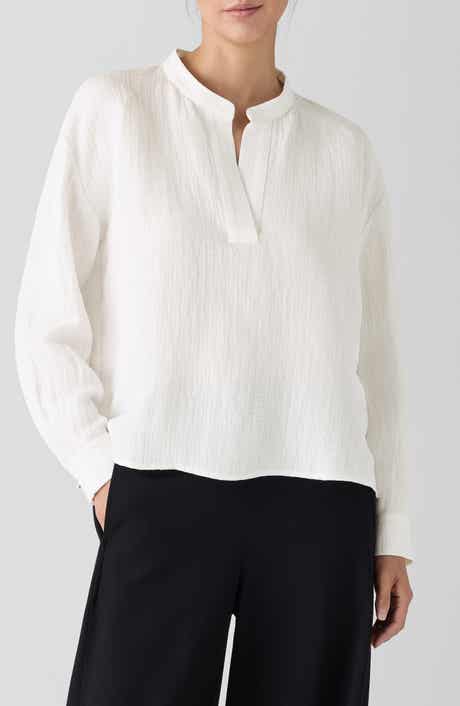 Eileen Fisher Silk & Linen Mandarin Collar Top