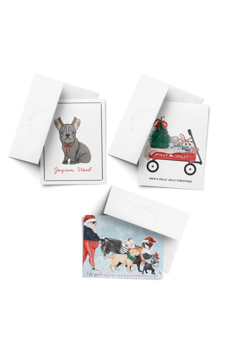 Ramus & Co Reindeer Frenchie Dog, Christmas Wagon, Santa Dog Walking Winter/Holiday/Christmas Greeting Card Pack Sets, Main, color, Multi-Pack