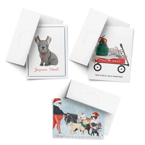 Reindeer Frenchie Dog, Christmas Wagon, Santa Dog Walking Winter/Holiday/Christmas Greeting Card Pack Sets (3 ct, Assorted)