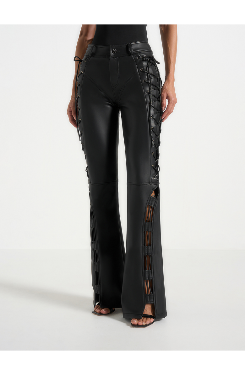 Manière De Voir Ambre Leather Lace Up Flared Trousers, Main, color, Black