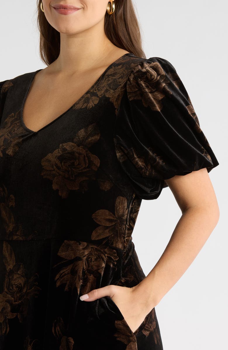SUGARLIPS Ace Floral Puff Sleeve Velvet Cocktail Dress, Alternate, color, Black-Multi