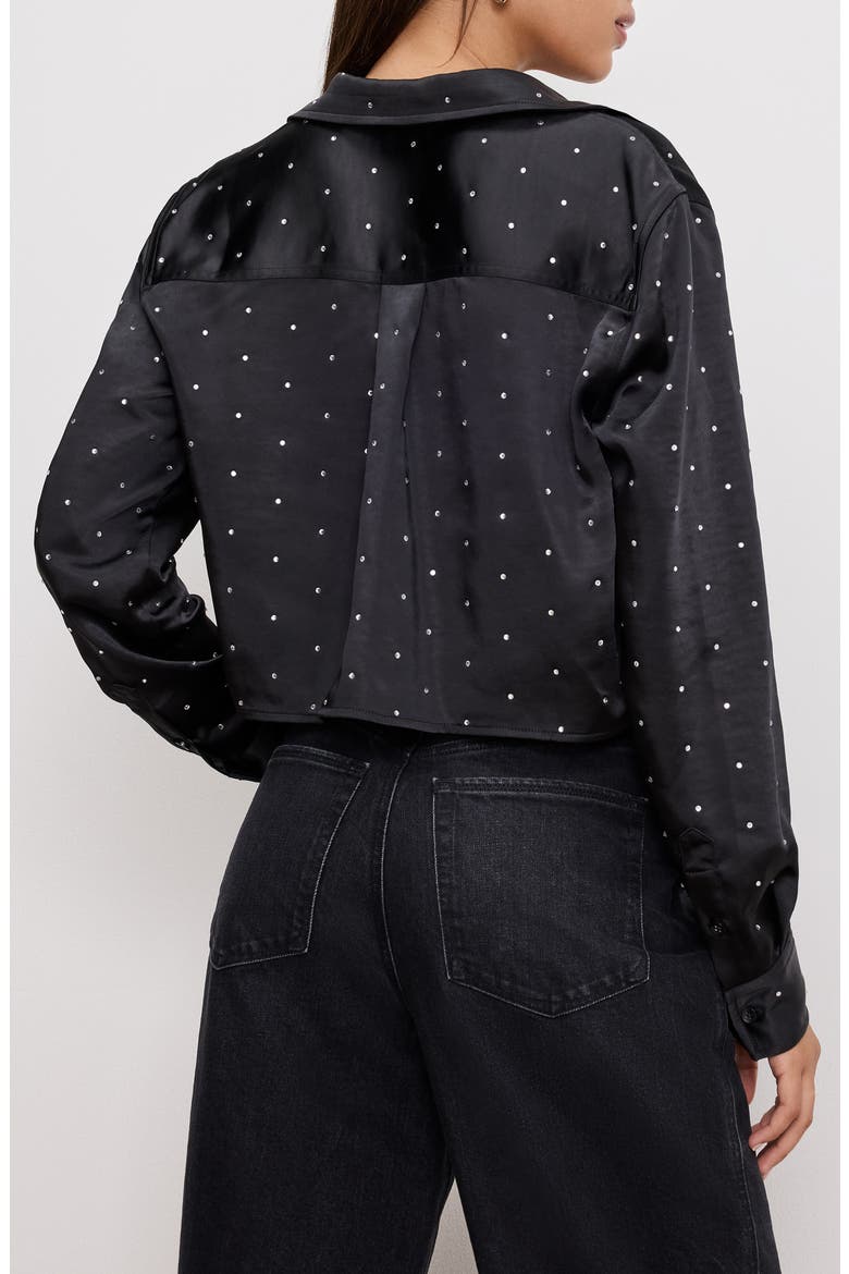 Crystal Embellished Satin Button-Up Crop Shirt, Alternate, color, BLACK001