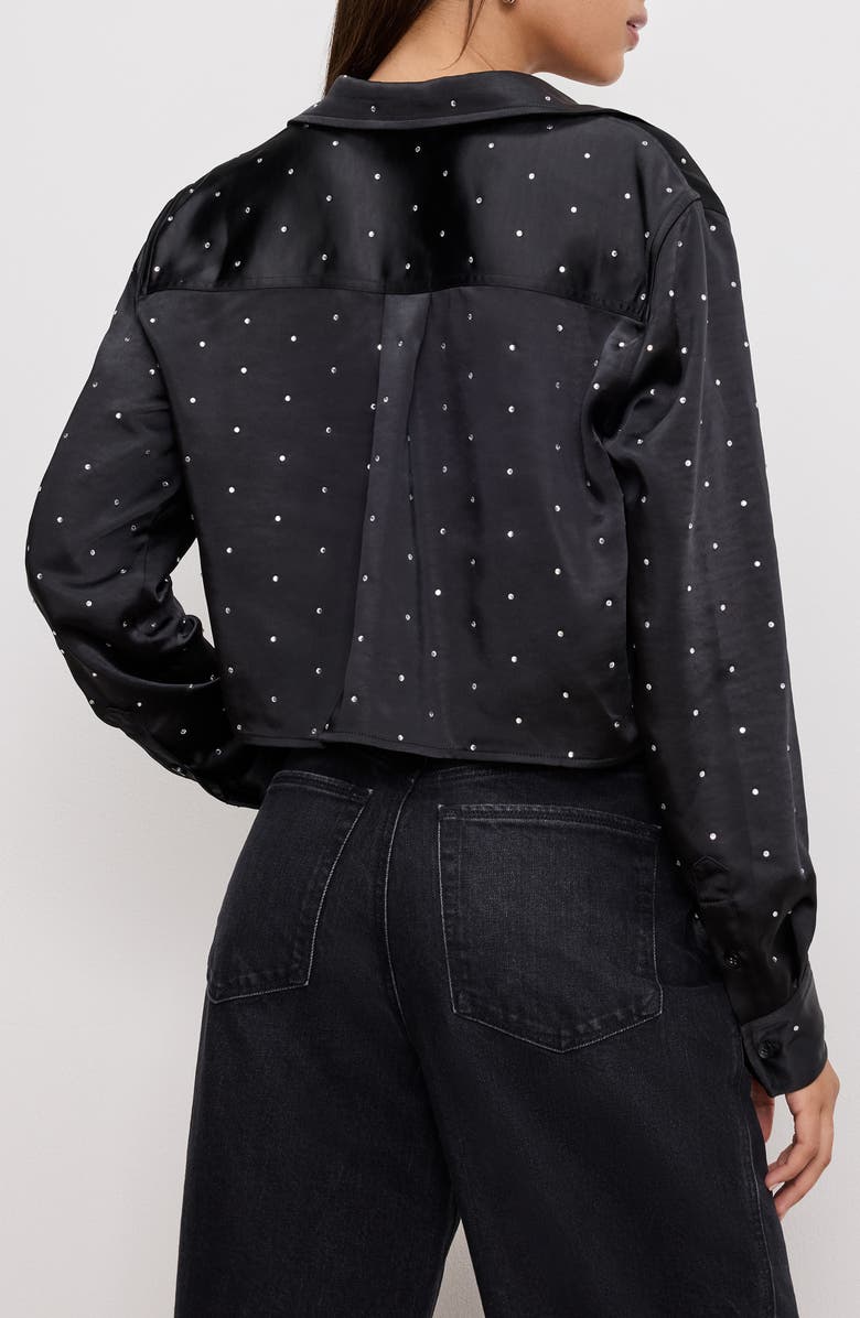 Good American Crystal Embellished Satin Button-Up Crop Shirt, Alternate, color, Black001