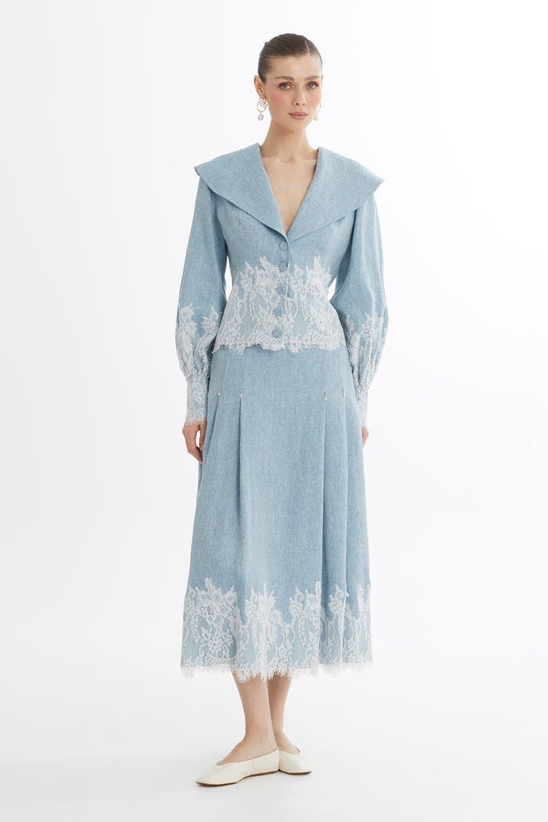 Blue Embroidered Balloon Sleeve Linen Jacket, Alternate, color, Blue