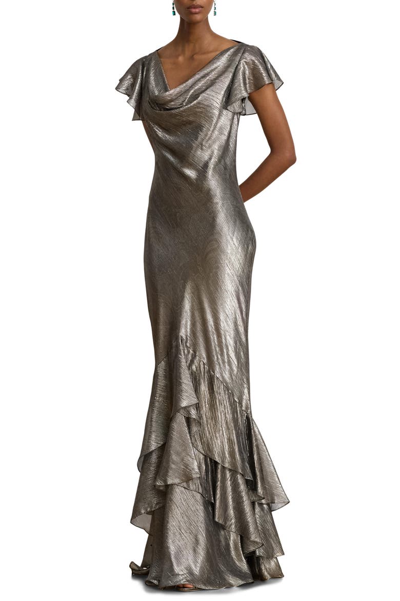 Paisley Metallic Ruffle Trim Gown, Main, color, GREY MULTI