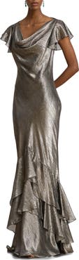 Lauren Ralph Lauren Paisley Metallic Ruffle Trim Gown