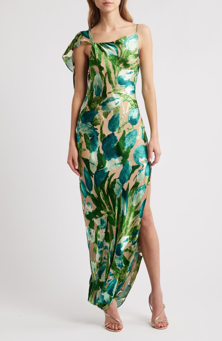 Cult Gaia Iker Asymmetric Neck Leaf Print Jacquard Silk Blend Gown, Main, color, 