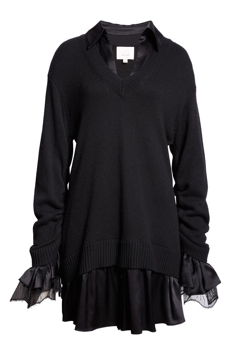 Cinq à Sept Atlas Santina Mixed Media Long Sleeve Sweater Dress, Alternate, color, Black/ Black