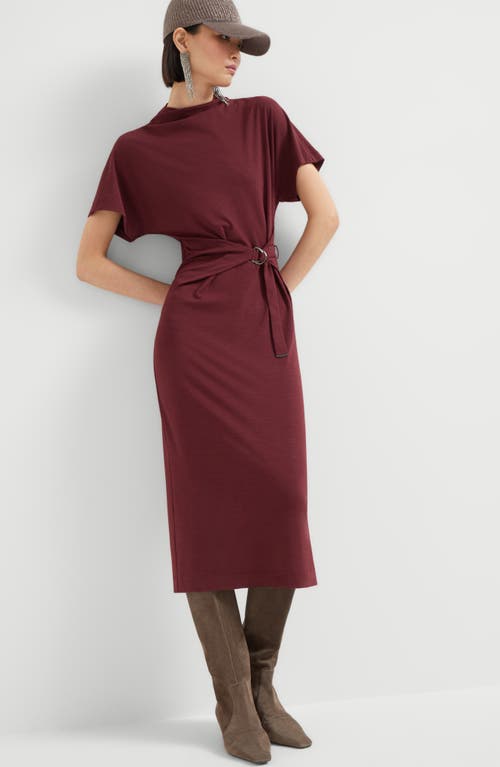 Brunello Cucinelli Drape Short-sleeve Wool Jersey Midi Wrap Dress In Burgundy