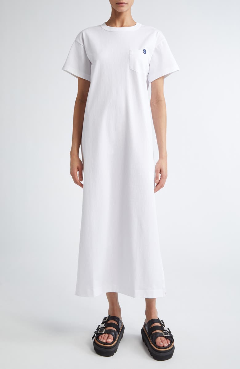Sacai Embroidered Logo Jersey T-Shirt Dress, Main, color, White 101