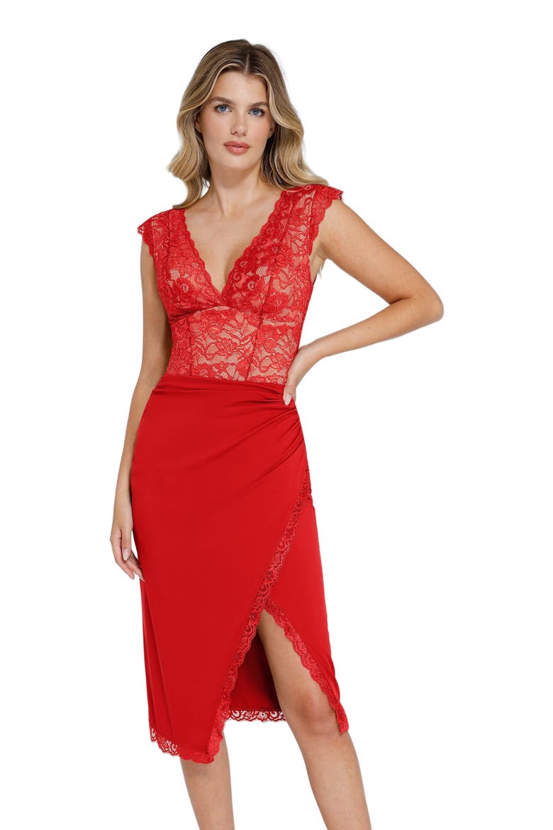 Sculpting Shapewear Plunge Lace Bodysuit, Alternate, color, Rouge