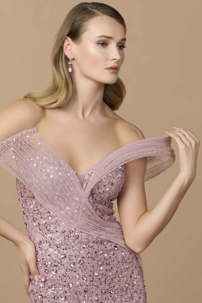 Sequin Gown With Sculptural Off-Shoulder Detail, Alternate, color, Blush