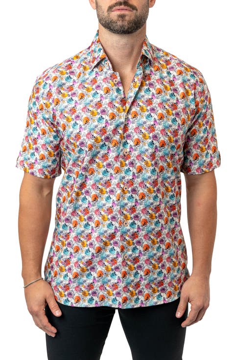 Galileo Floral Skull 12 White Contemporary Fit Short Sleeve Button-Up Shirt
