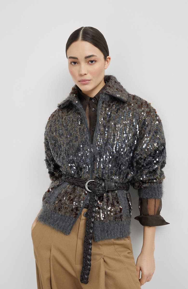 Brunello Cucinelli Dazzling dégradé embroidery cardigan, Alternate, color, Lead