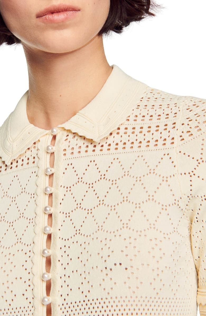 SANDRO Solene Short Sleeve Sheer Pointelle Crop Sweater, Alternate, color, Black