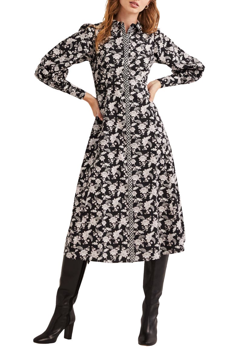 Floral Empire Long Sleeve Cotton Shirtdress, Main, color, BLACK CHINTZ BLOOM