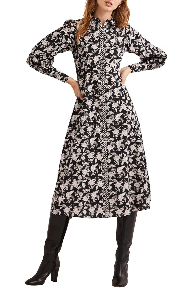 Boden Floral Empire Long Sleeve Cotton Shirtdress, Main, color, 