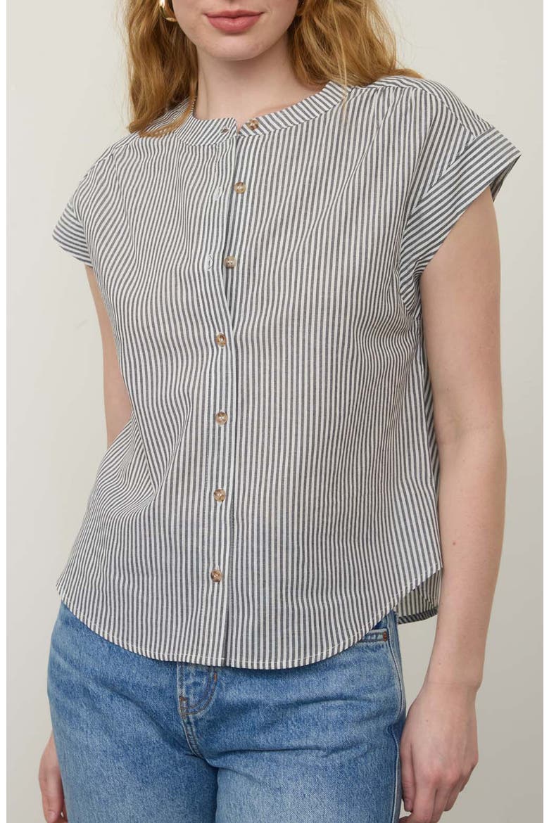 Stripe Cap Sleeve Button-Up Top, Main, color, BLACK