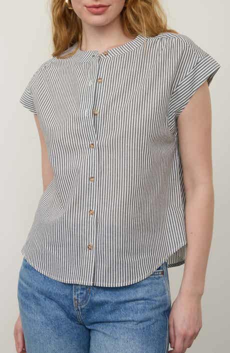 Blu Pepper Stripe Cap Sleeve Button-Up Top