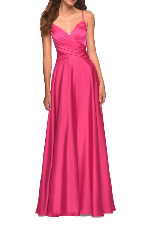 Satin Hot Pink Gown with Criss-Cross Ruched Top