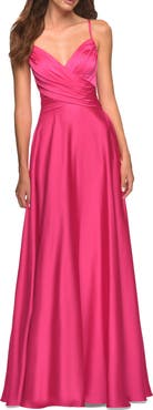 La Femme Satin Hot Pink Gown with Criss-Cross Ruched Top