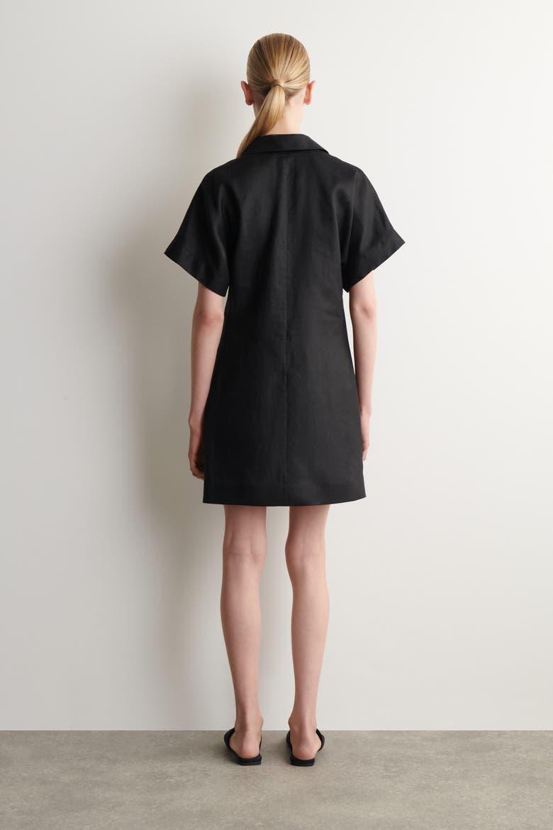 Open-collar Linen Mini Shirt Dress, Alternate, color, BLACK