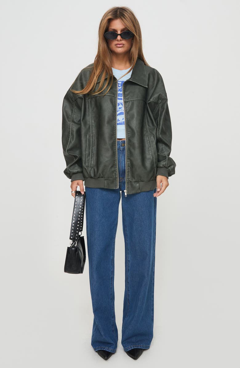 Princess Polly Goldsmith Oversize Faux Leather Bomber Jacket, Alternate, color, Washed Forest