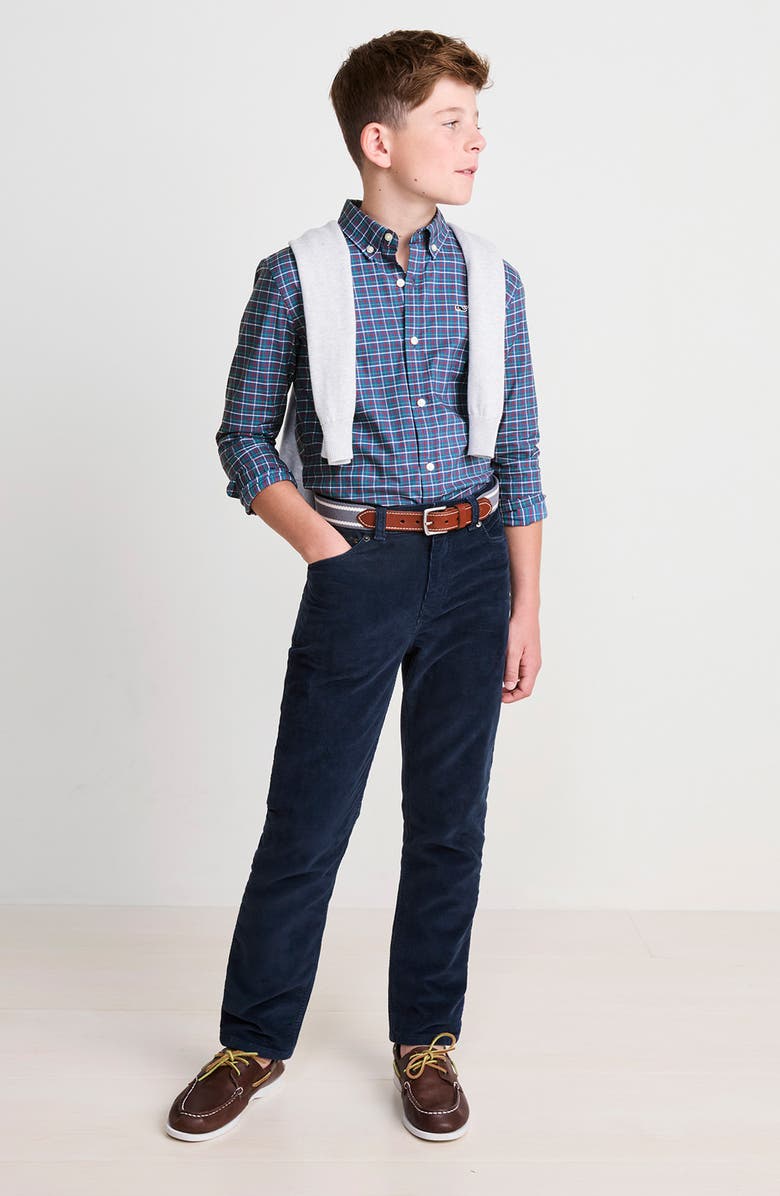 vineyard vines Kids' Wauwinet Tattersall Check Performance Cotton Blend Button-Down Shirt, Alternate, color, Moonshine