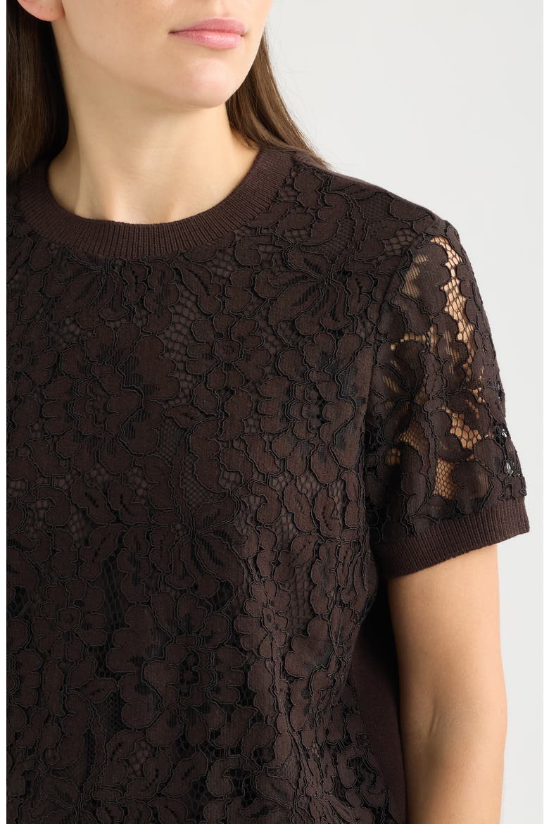 Lace Front Short Sleeve Sweater, Alternate, color, ESPRESSO