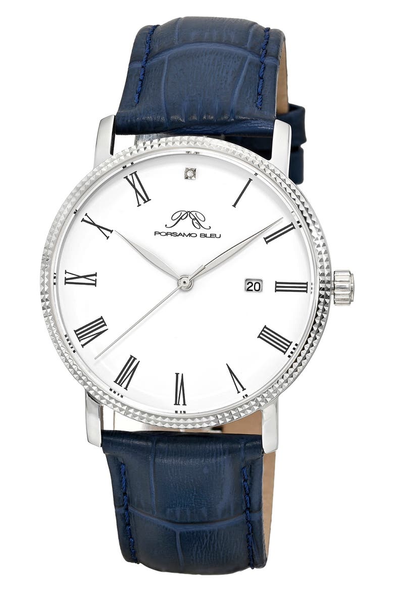Veritas 1 Croc Embossed Leather Strap Watch, 40mm, Main, color, SILVER