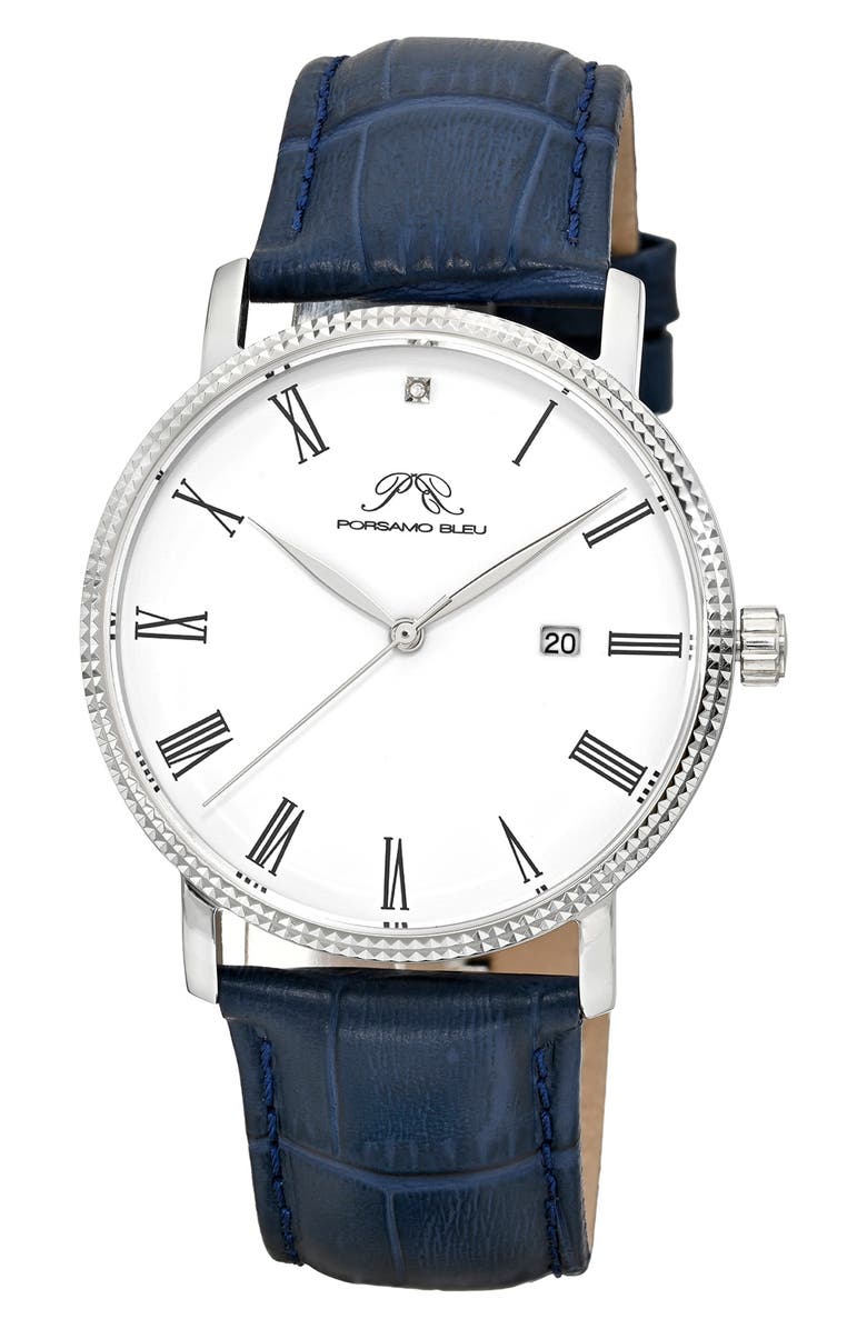 PORSAMO BLEU Veritas 1 Croc Embossed Leather Strap Watch, 40mm, Main, color, Silver
