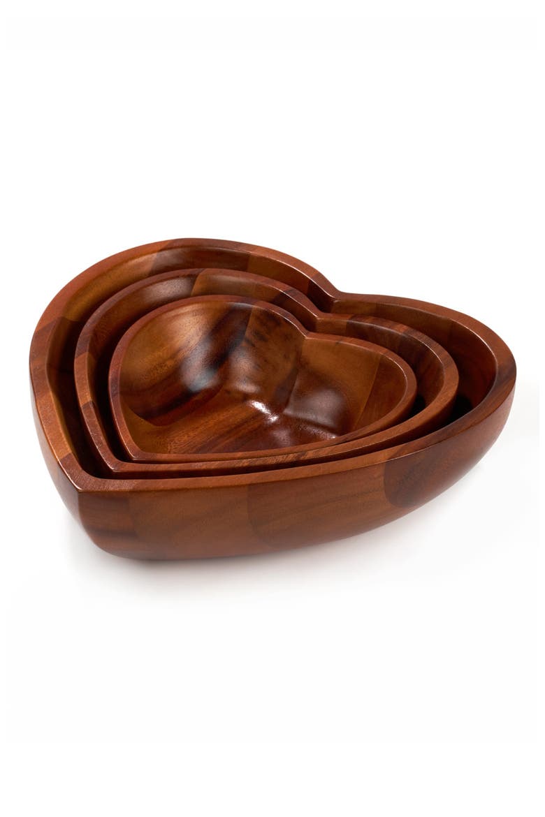Eat Your Heart Set of Three Acacia Wood Nesting Bowls, Alternate, color, BROWN