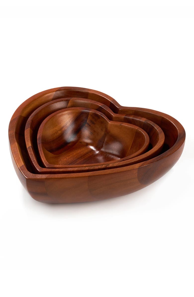 Nambé Eat Your Heart Set of Three Acacia Wood Nesting Bowls, Alternate, color, Brown