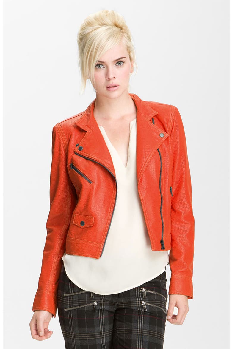 Truth and Pride Perforated Leather Biker Jacket, Main, color, ORANGE