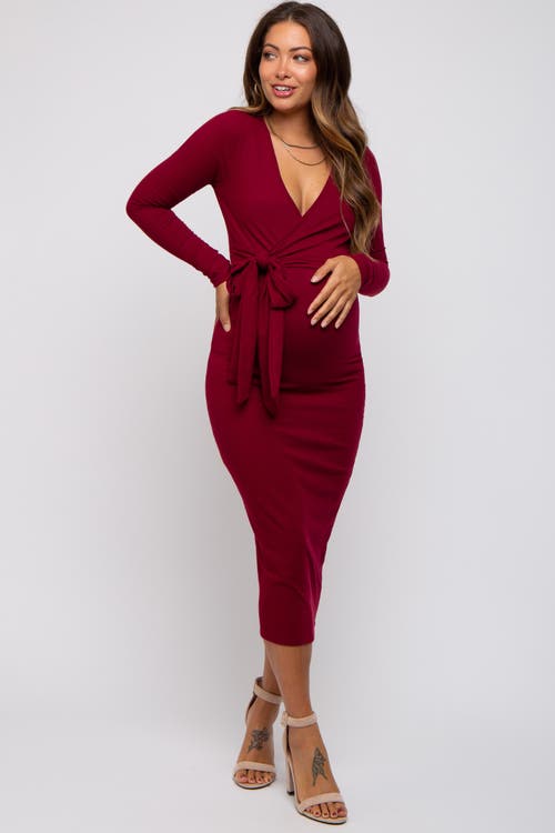 Pinkblush Ribbed Long Sleeve Wrap Dress In Burgundy