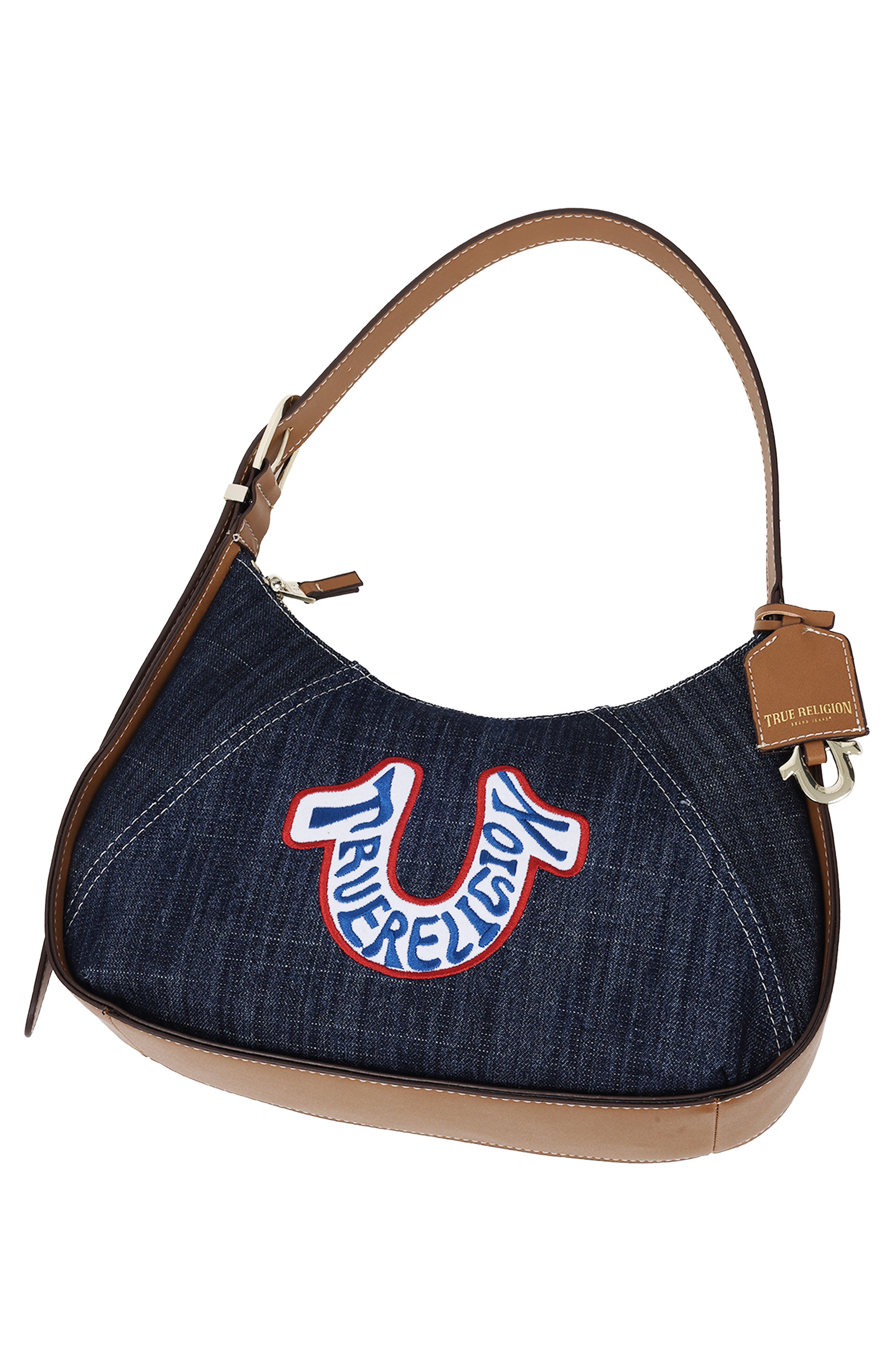 Retro Horseshoe Patch Denim Shoulder Bag, Alternate, color, DARK DENIM