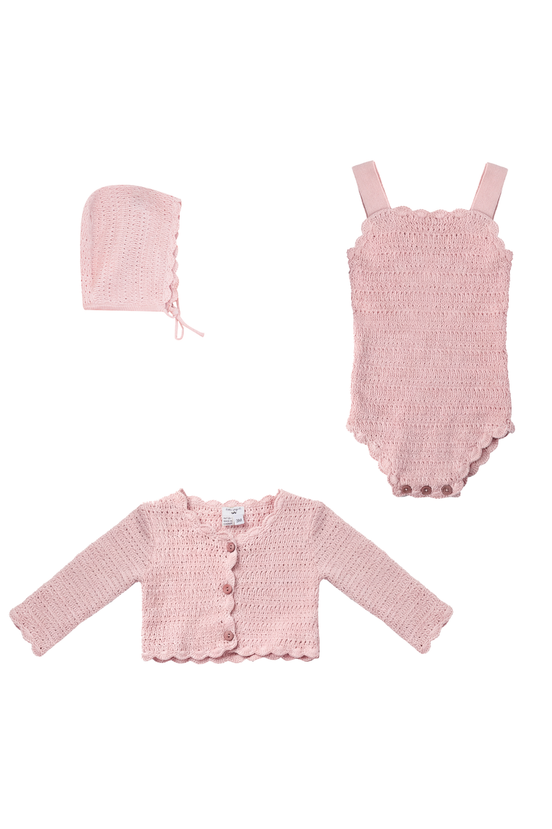 Scalloped Button Cardigan Romper & Knit Hat Set, Main, color, Petal