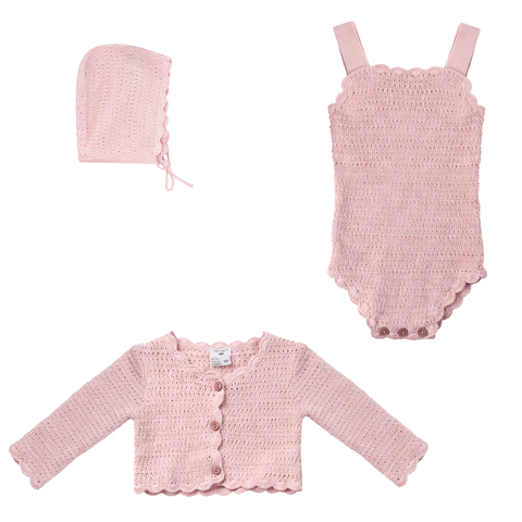 Scalloped Button Cardigan Romper & Knit Hat Set
