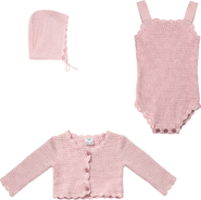 Little Fragile Scalloped Button Cardigan Romper & Knit Hat Set