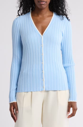 Nordstrom Rack Tipped V-neck Ribbed Cardigan In Blue Thread- Ivory Tipping