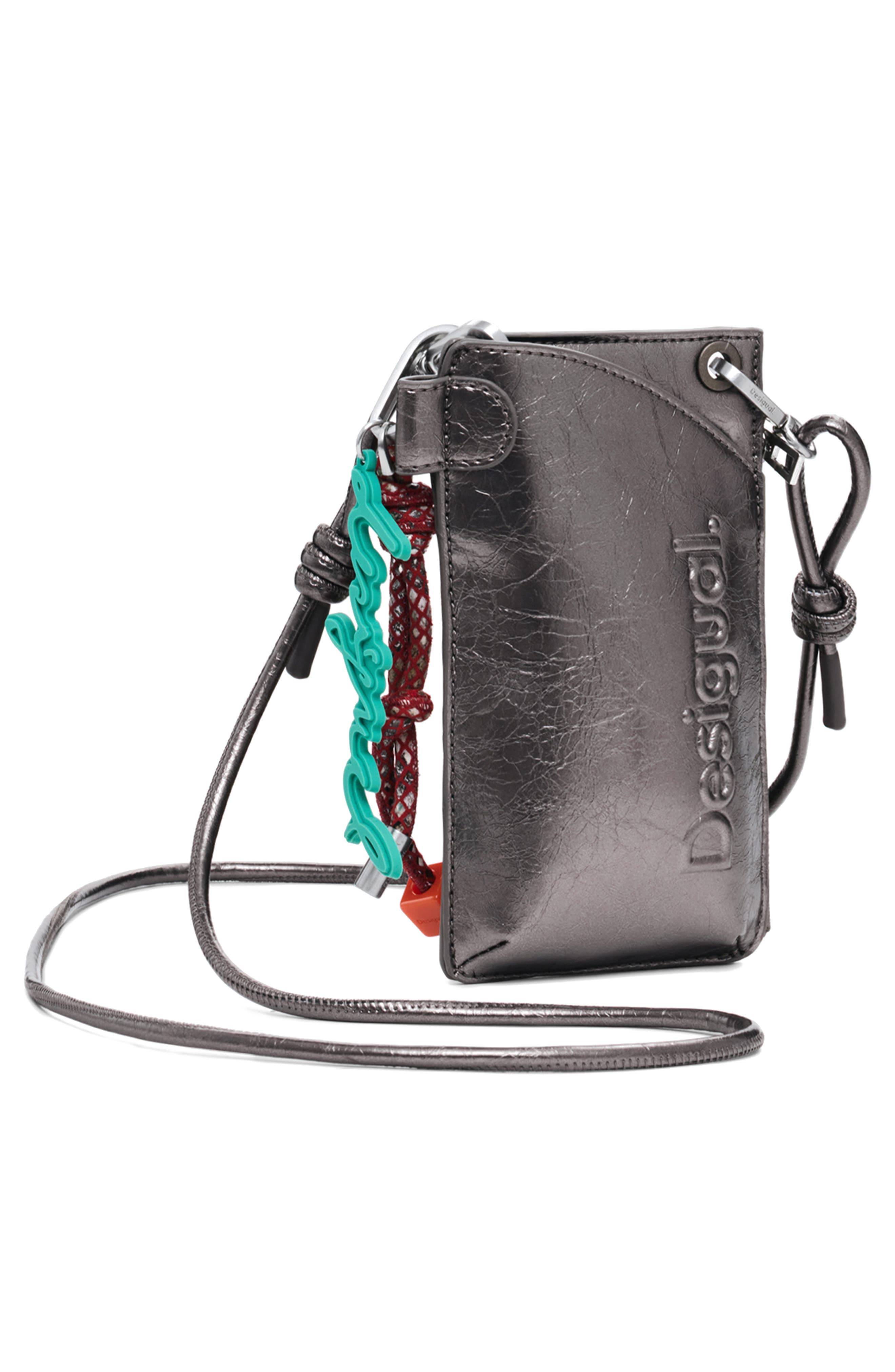 Desigual Metallic Faux Leather Crossbody Wallet, Alternate, color, Silver