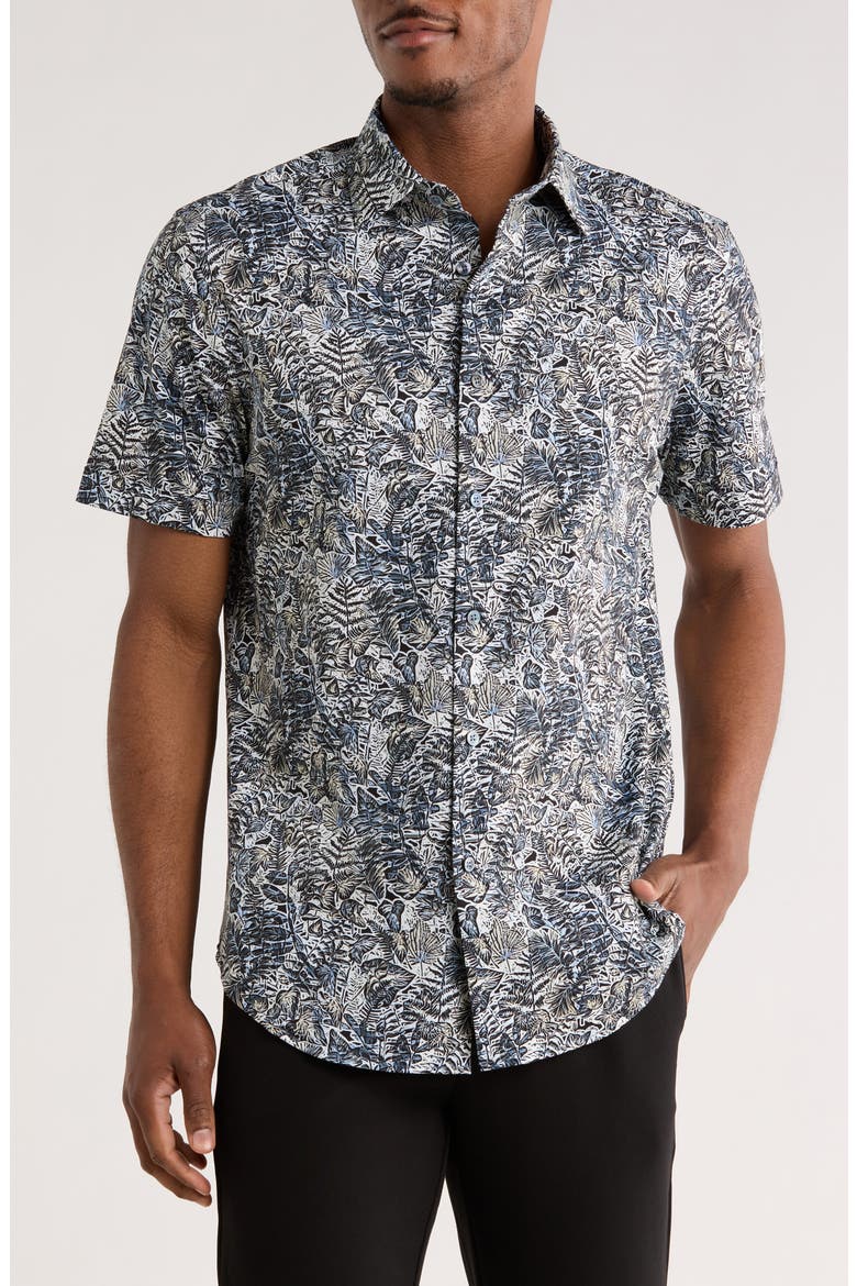 Print Short Sleeve Button-Up Shirt, Main, color, AIR BLUE