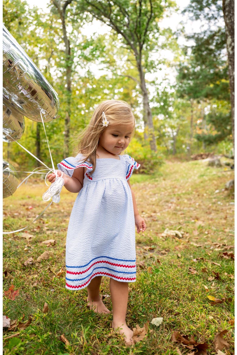 Kids' Stripe Flutter Sleeve Seersucker Dress, Alternate, color, BLUE