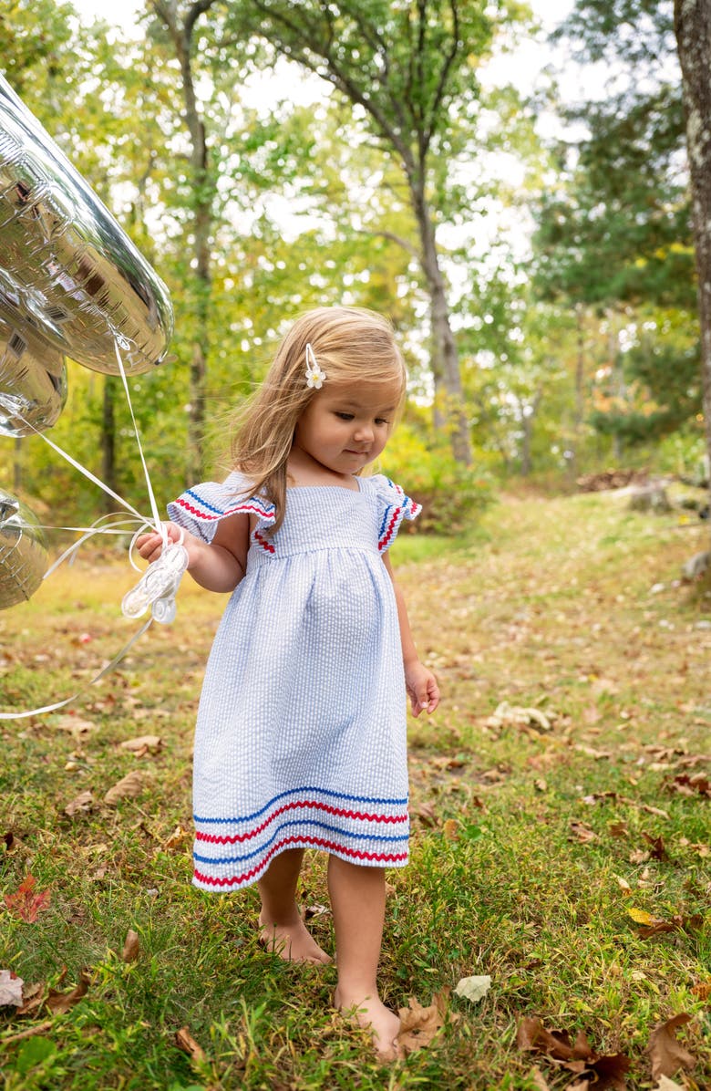Magnetic Me Kids' Stripe Flutter Sleeve Seersucker Dress, Alternate, color, Blue