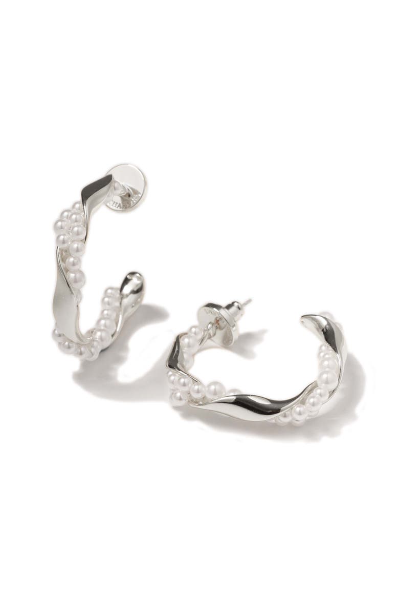 Classicharms Nadia Molten Shell Pearl Twisted Hoop Earrings, Main, color, Silver