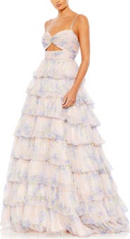 Mac Duggal Floral Cut Out Ruffle Layered Gown