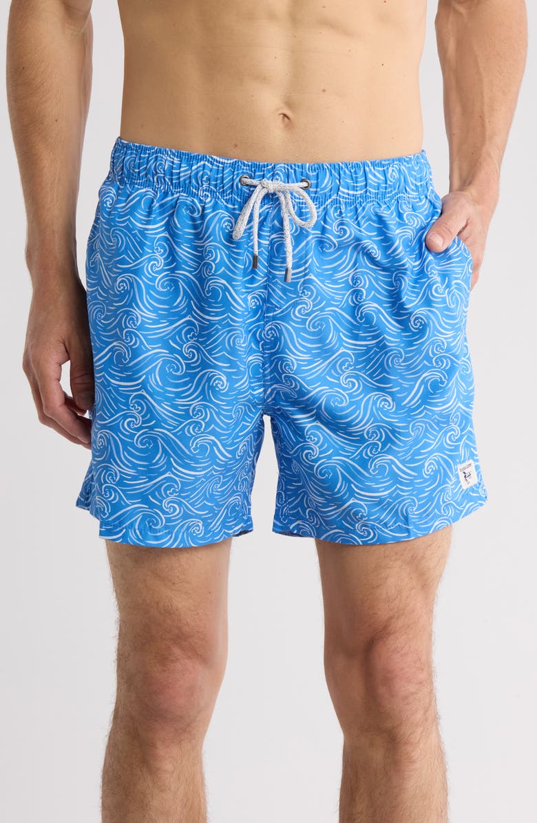 Vintage Summer Wave Print Swim Trunks, Main, color, Blue
