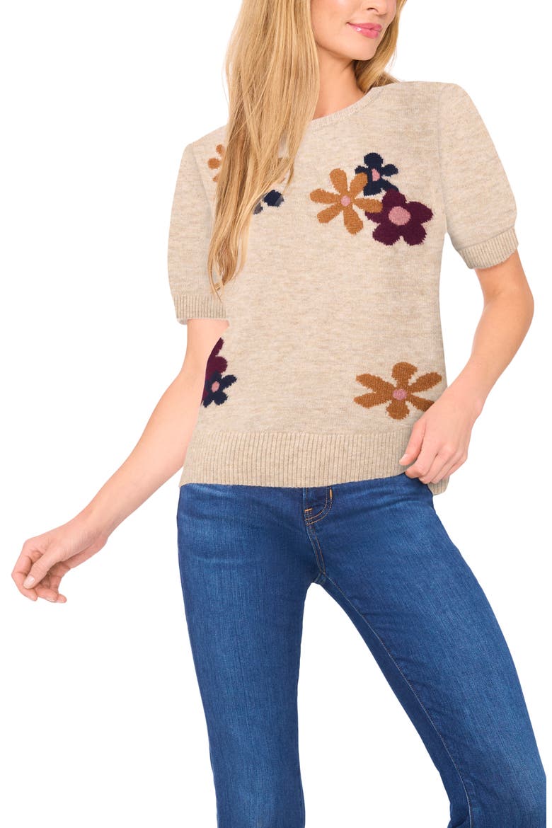 Groovy Flower Short Sleeve Sweater, Main, color, OATMEAL