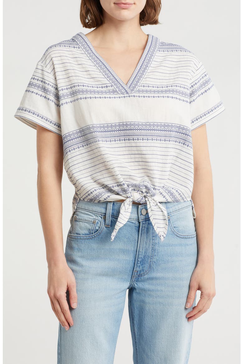 Tie Front V-Neck Top, Main, color, BLUE STRIPE